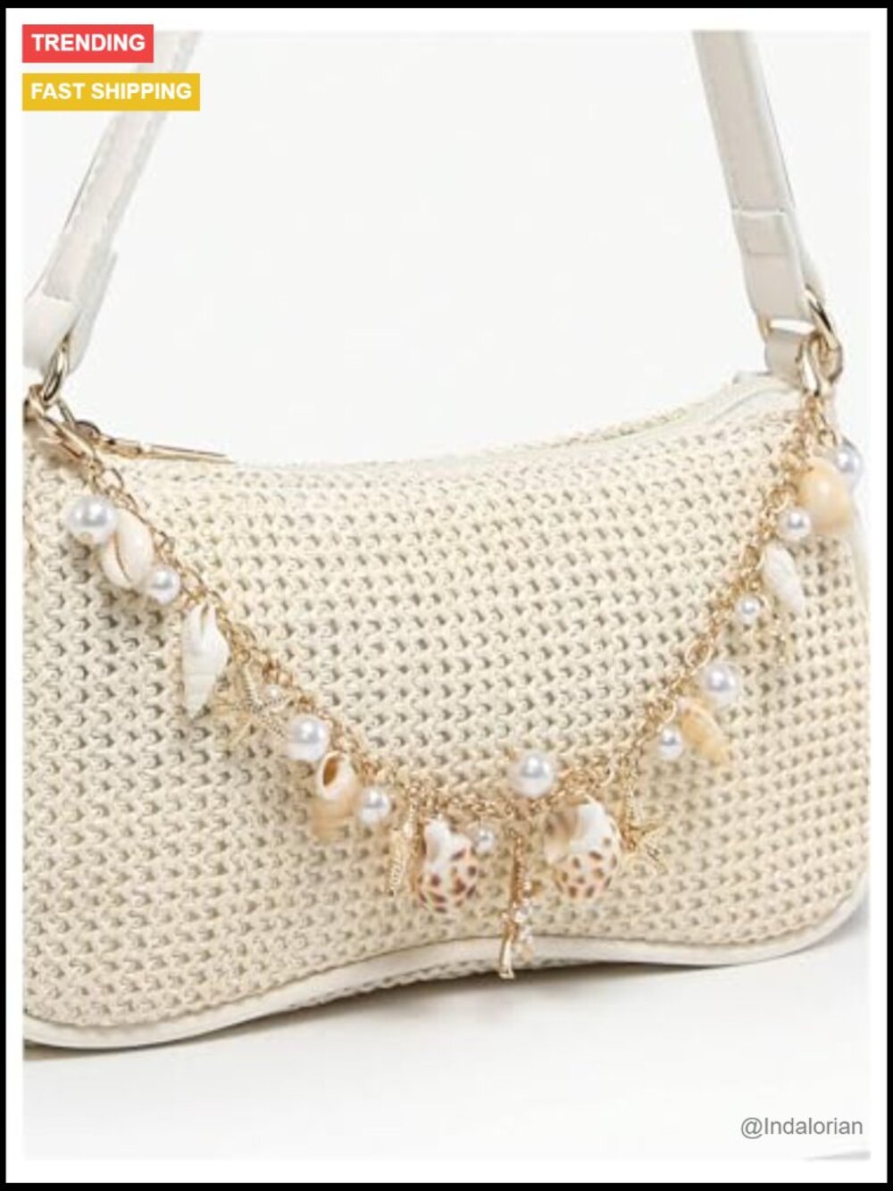 Boho Seashell Starfish Straw Shoulder Handbag with Chain Strap Top Handle - Picture 5 of 6